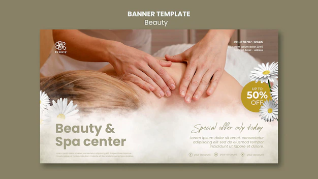 Free PSD | Horizontal banner for beauty and spa with woman and chamomile flowers