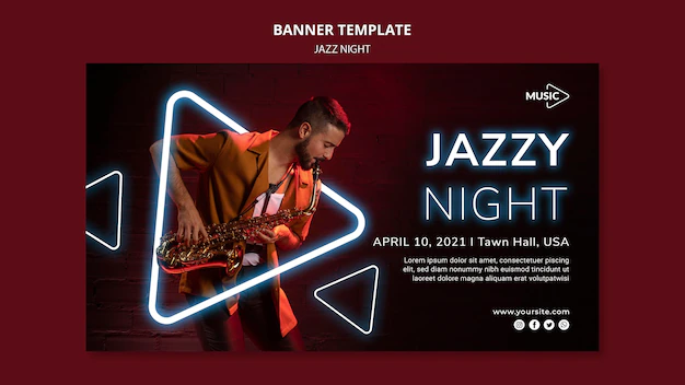 Free PSD | Horizontal banner for neon jazz night event