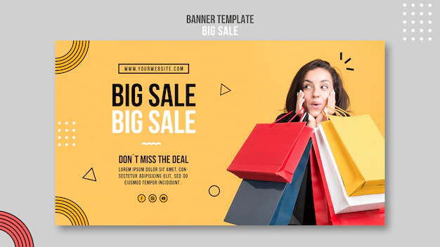 Free PSD | Horizontal banner template for big sale with woman and shopping bags