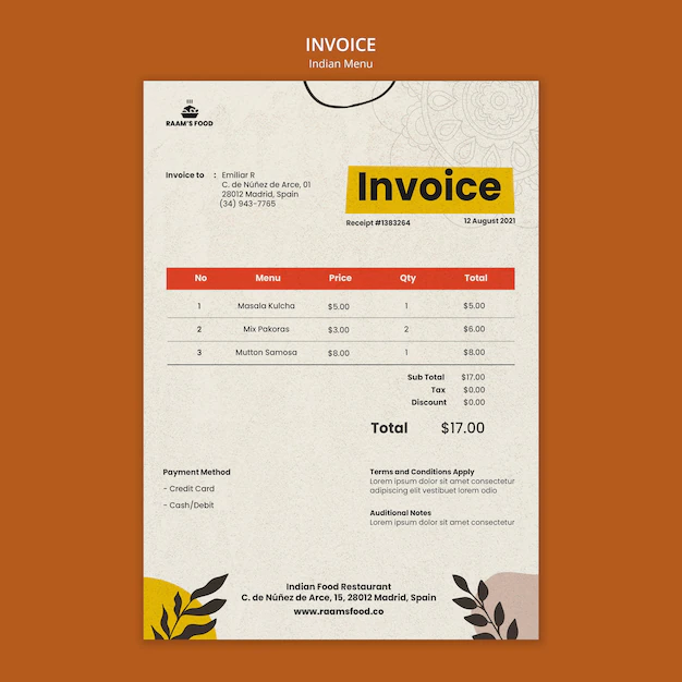 Free PSD | Indian food invoice design template