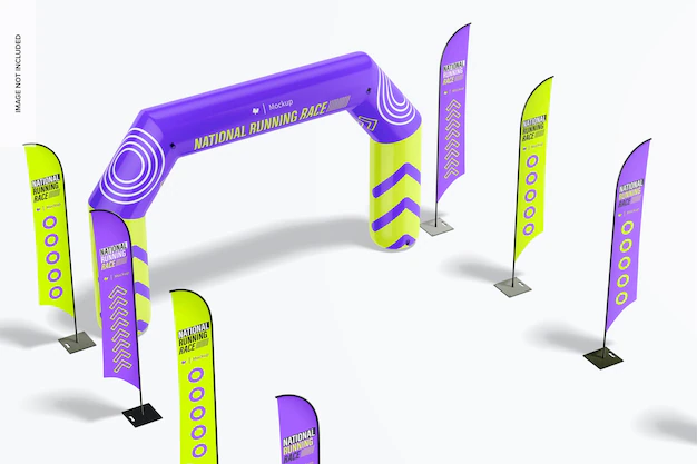 Free PSD | Inflatable entrance arch mockup, with flags