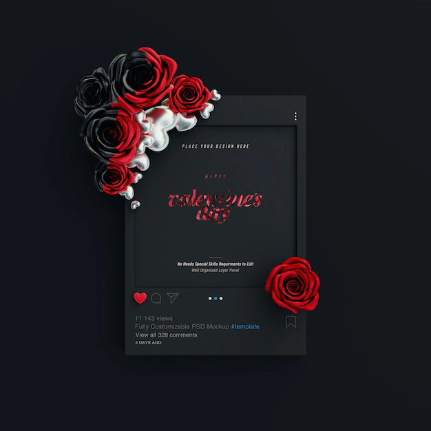Free PSD | Instagram post mockup with valentine vibes decorated with cute roses and love hearts