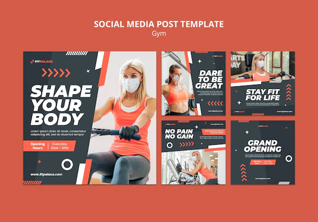 Free PSD | Instagram posts collection for gym workout with woman wearing medical mask