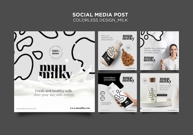 Free PSD | Instagram posts collection for milk with colorless design