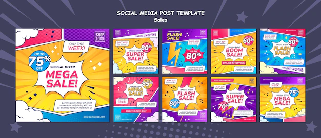 Free PSD | Instagram posts collection for sales in comic style