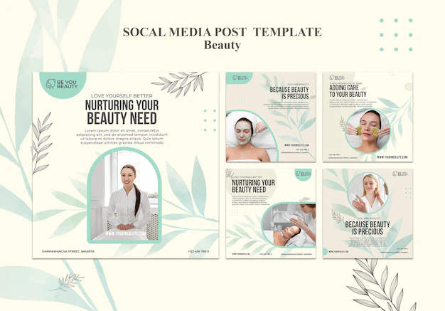 Free PSD | Instagram posts collection for skincare and beauty with woman