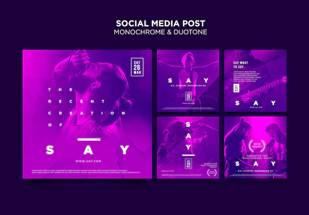 Free PSD | Instagram posts collection in duotone with musicians in concert