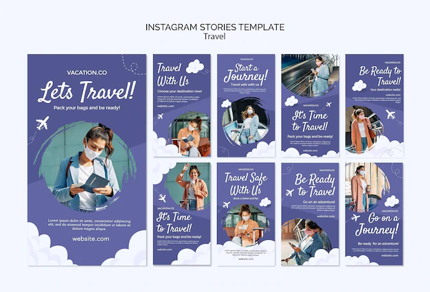 Free PSD | Instagram stories collection for travel with woman wearing face mask