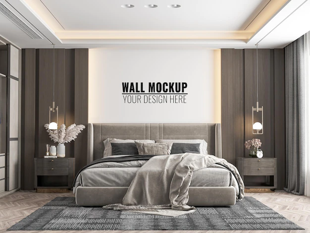 Free PSD | Interior modern bedroom wall mockup