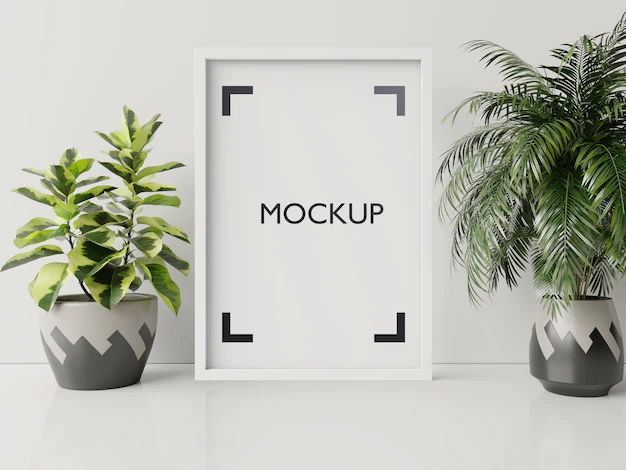 Free PSD | Interior poster mock up with plant pot, flower in room with white wall 3d rendering