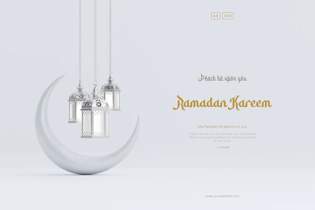 Free PSD | Islamic ramadan greeting background composition with hanging arabic lanterns and crescent moon