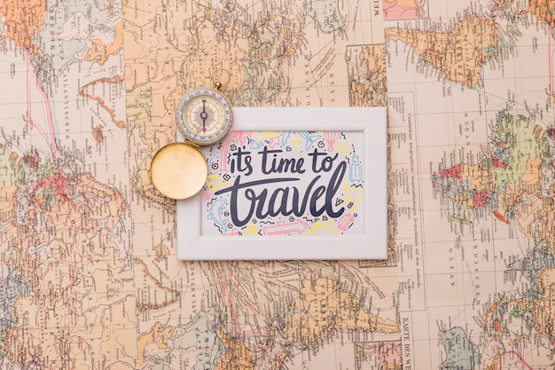 Free PSD | It's time to travel, lettering on frame over world map