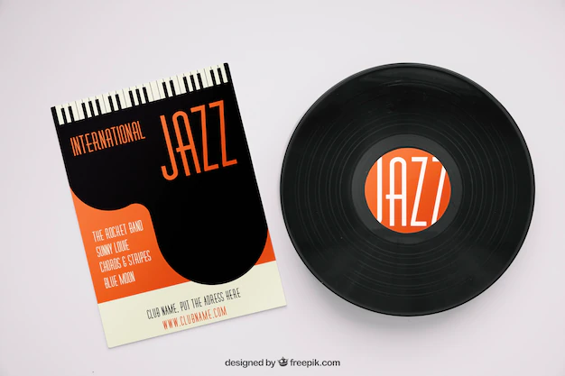 Free PSD | Jazz mockup with vinyl and magazine