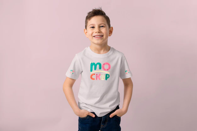 Free PSD | Kid wearing tshirt mockup design