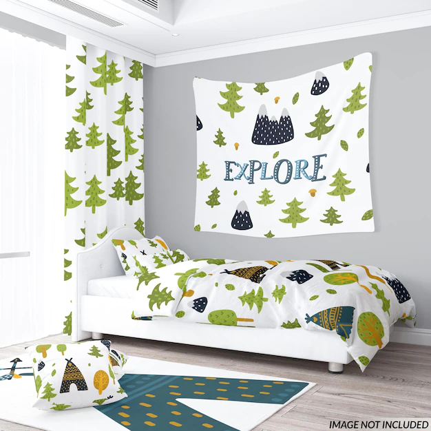 Free PSD | Kids room textile  curtain bed set pillows rug set