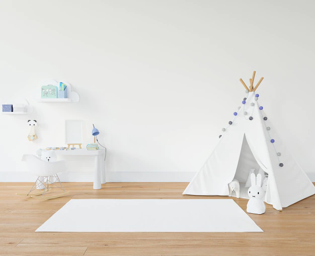 Free PSD | Kid's room with white carpet and teepee