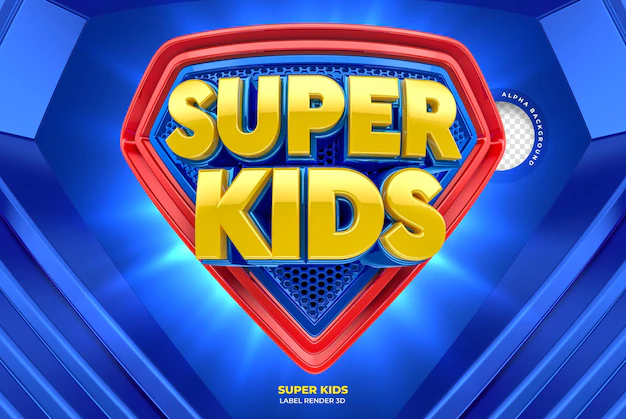 Free PSD | Label in super hero format with super kids name in realistic 3d render