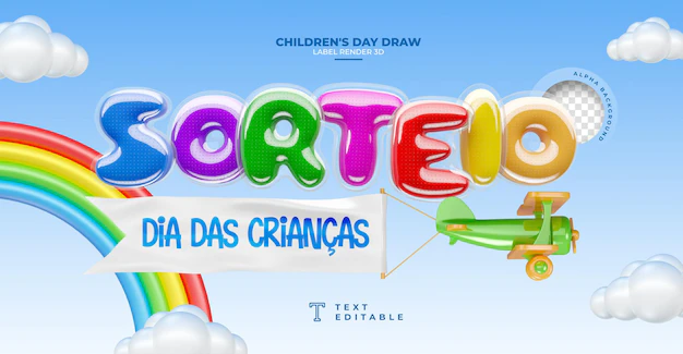Free PSD | Label raffle childrens day 3d render in brazil template design in portuguese