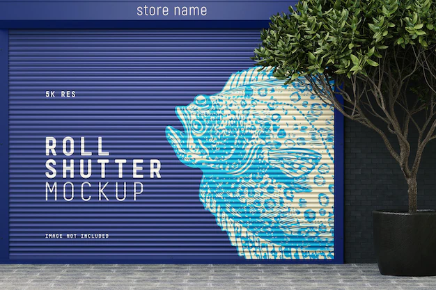 Free PSD | Logo mockup on shop facade and closed shutter or storefront with trees or plants