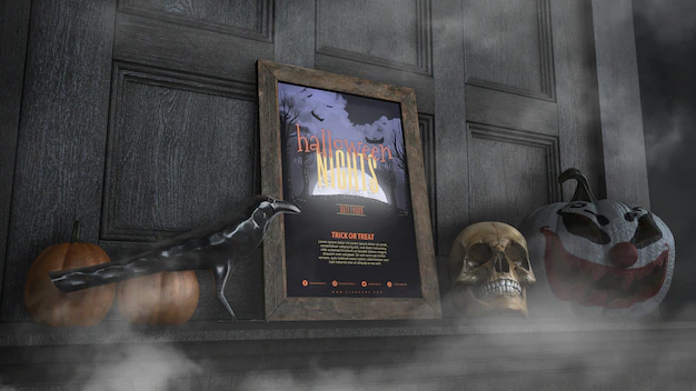 Free PSD | Low view halloween nights frame with with skull and pumpkin