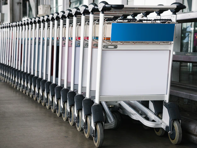 Free PSD | Luggage trolley at the airport with sign mockup