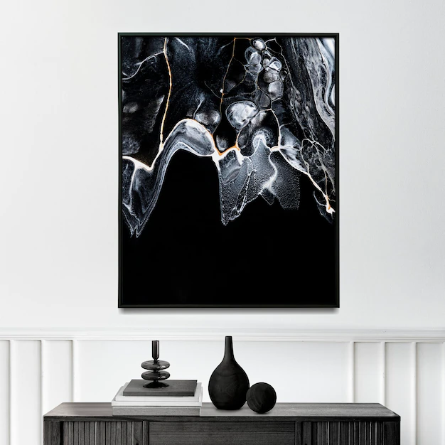 Free PSD | Luxury picture frame mockup psd with black marble experimental art on the wall