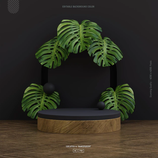 Free PSD | Luxury podium stage display mockup for product presentation decorated with monstera leaves