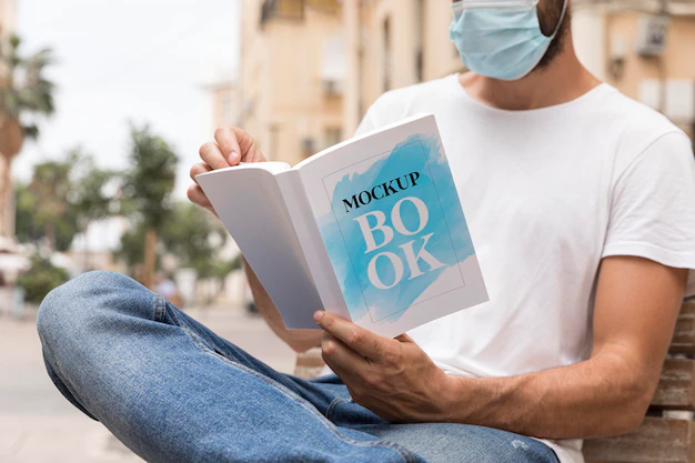 Free PSD | Man with mask on street reading book