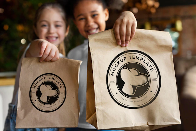 Free PSD | Medium shot kids holding food bags