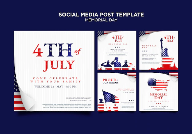 Free PSD | Memorial day social media posts with flag