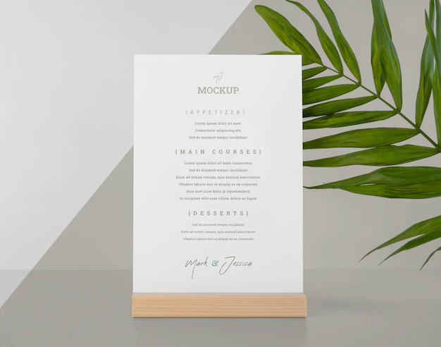 Free PSD | Menu mock-up with wooden stand and leaf