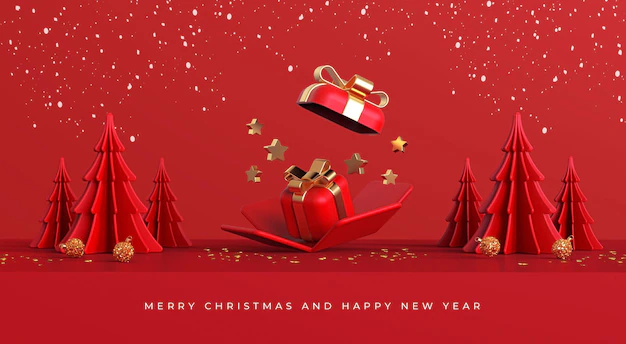 Free PSD | Merry christmas and happy new year with 3d open gift boxes on podium and christmas ornaments