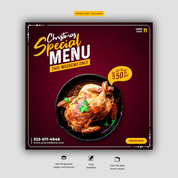 Free PSD | Merry christmas food menu and restaurant social media banner template