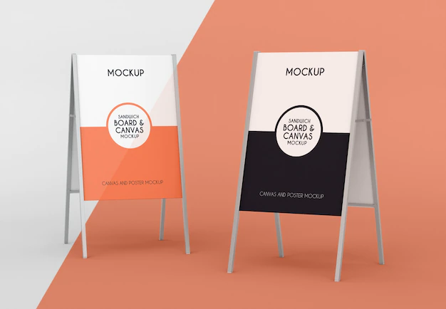 Free PSD | Metallic board and wooden easel with canvas mock-up
