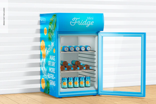Free PSD | Mini fridge mockup, opened