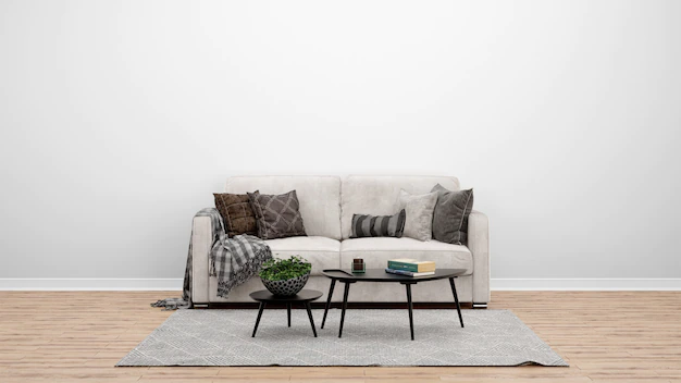 Free PSD | Minimal living room with classic sofa and carpet, interior design ideas