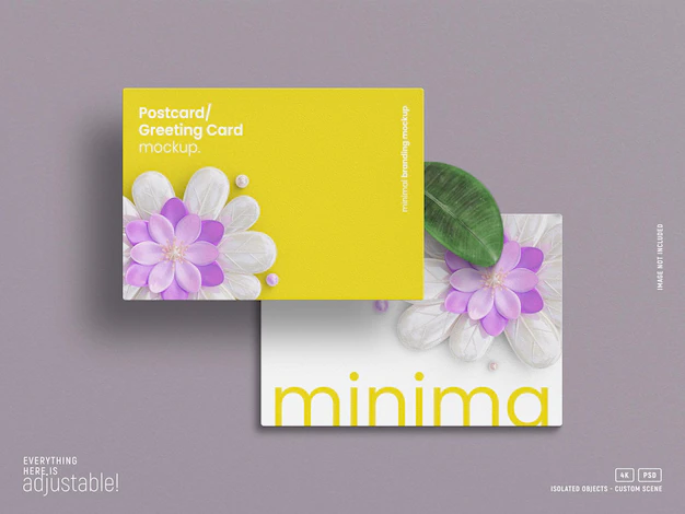Free PSD | Minimal postcard invitation card mockup with isolated leaf top view