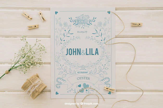 Free PSD | Mock up design with wedding invitation and ornaments