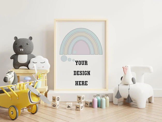 Free PSD | Mock up poster frame in children room, 3d rendering