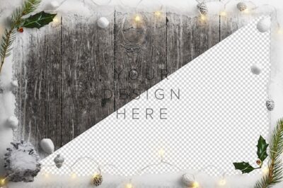 Free PSD | Mockup cold winter nature scene with snow, fairy lights, holly and pinecones