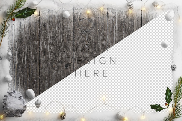 Free PSD | Mockup cold winter nature scene with snow, fairy lights, holly and pinecones