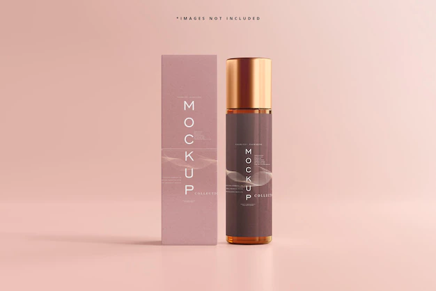 Free PSD | Mockup of cosmetic bottle and box on display