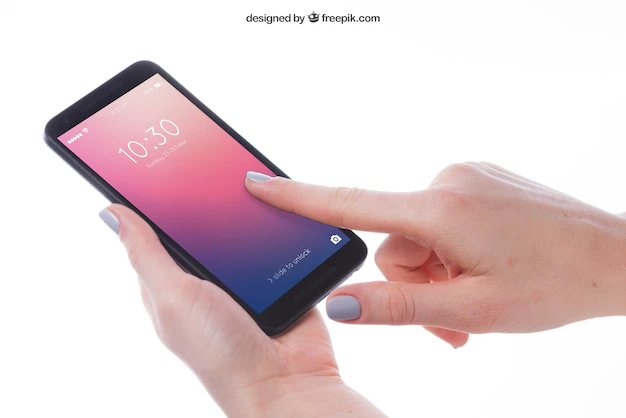 Free PSD | Mockup of finger pointing at smartphone