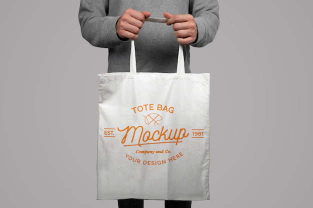 Free PSD | Mockup of model holding a tote bag on a gray background