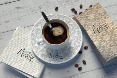 Free PSD | Mockup with a coffee cup composition with replaceable patterns