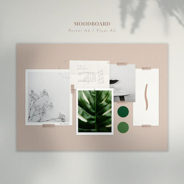 Free PSD | Moodboard with plants and sketch