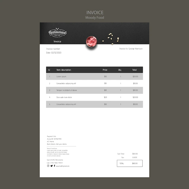 Free PSD | Moody food restaurant invoice concept mock-up