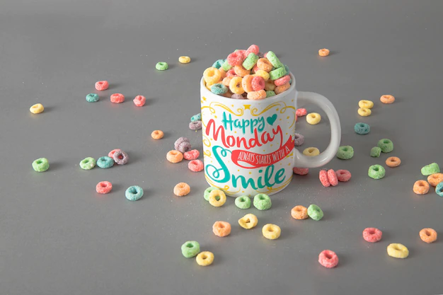 Free PSD | Mug mockup with colorful cereals