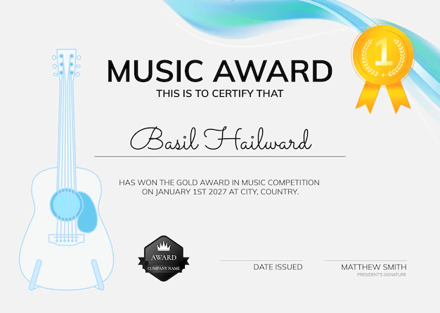 Free PSD | Music award certificate template psd with guitar illustration minimal design