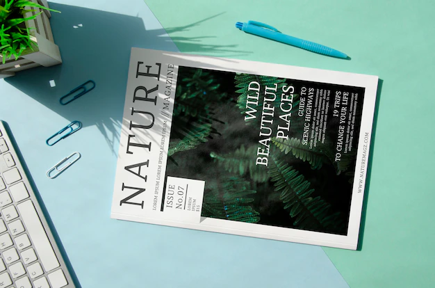 Free PSD | Nature magazine next to keyboard mock up